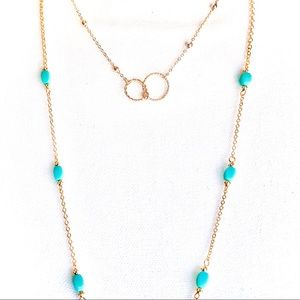 🆕 Dainty Gold Beaded Ring Chain w/Long Gold Turquoise Bead Chain Necklace NWT